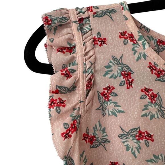 LOFT Petite Small Spring Leaf Flutter Shell Floral Blouse - Pink Red Green - Picture 3 of 7